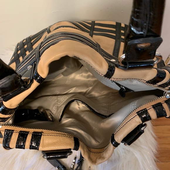 Badgley Mischka Handbag Purse Black Tan Leather - Picture 11 of 12